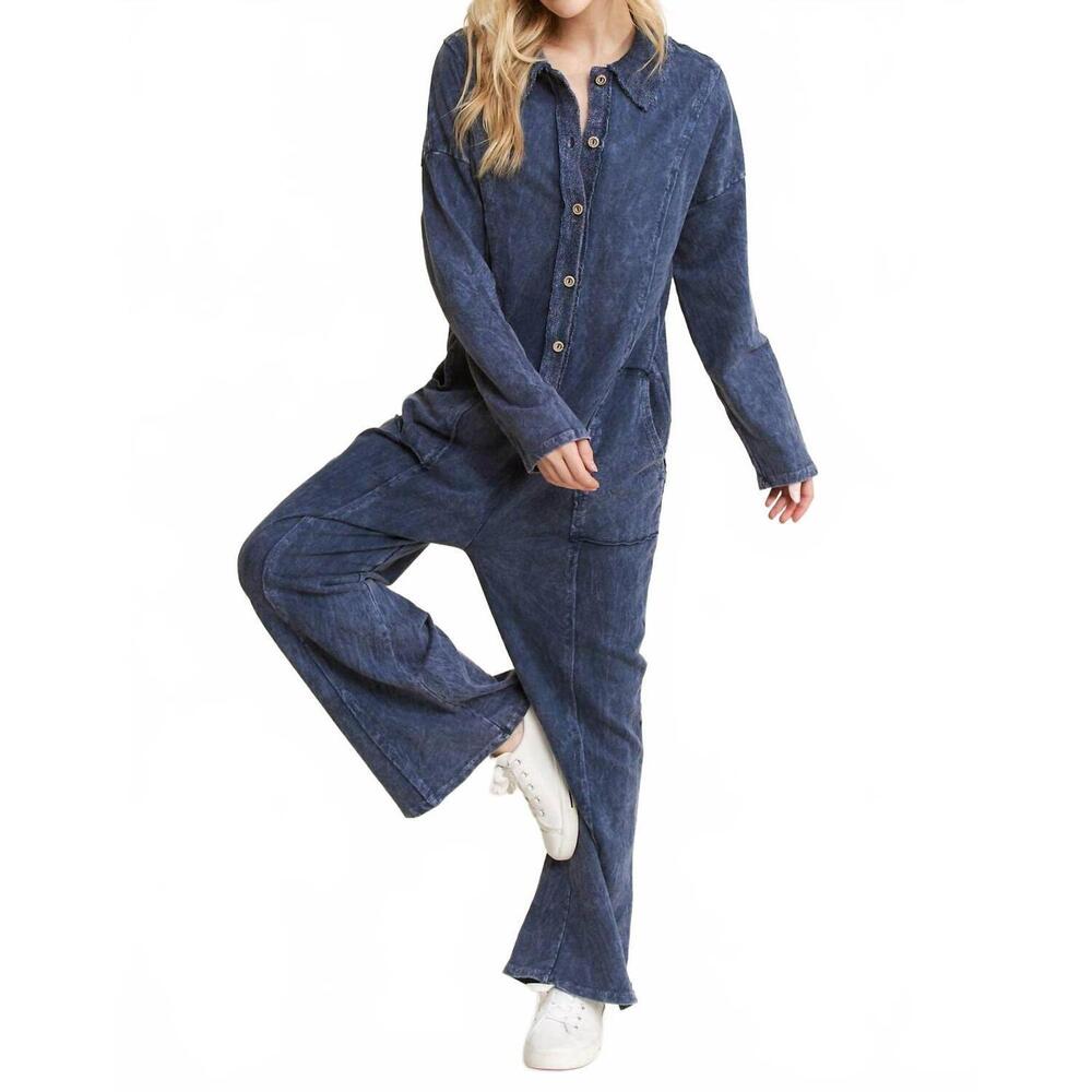 NEW J.HER mineral wash button down collar onesie jumpsuit in navy